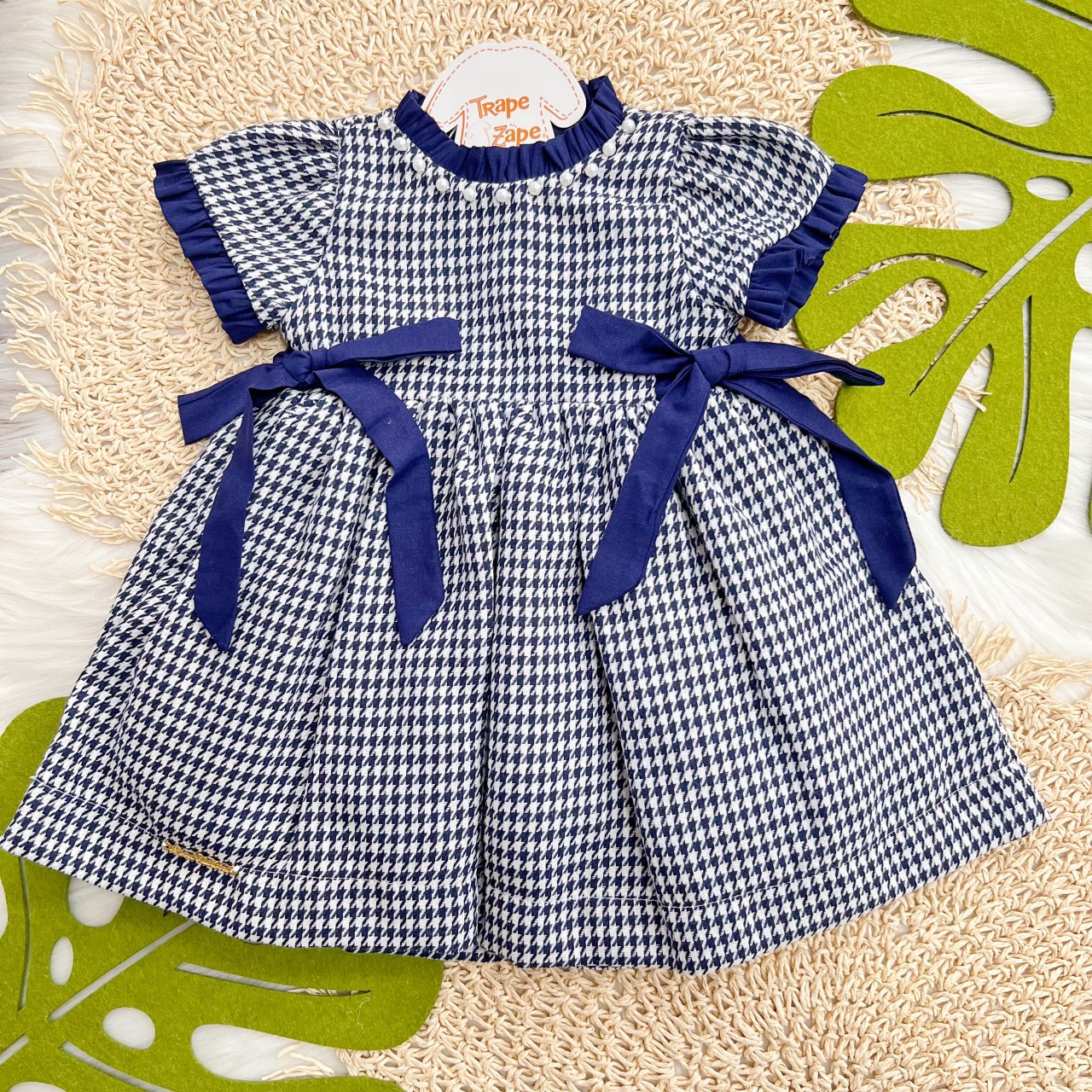 Vestido Pied de Poule com Pérolas - Azul Marinho